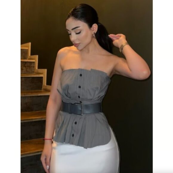 BLOGGER'S FAVE! Zara Belted Strapless Top Gray NWT - Picture 9 of 15